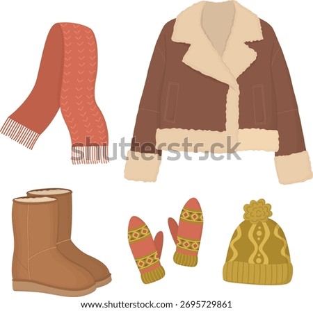 Winter outfit with cropped brown shearling jacket, cozy boots, knitted scarf, mittens and beanie. Trendy cold weather clothes