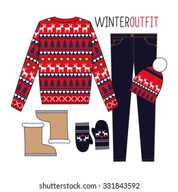 Winter outfit. Fashion Illustration. Scandinavian sweater style. Woman modern clothing flat set. Stylish and trendy clothing. Casual look.