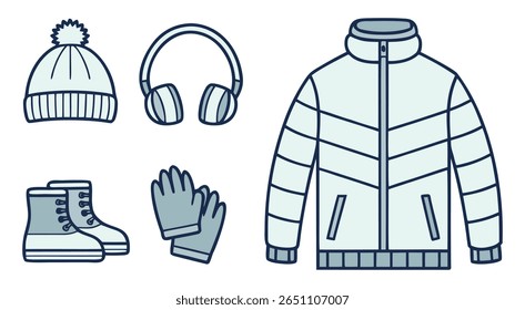 Winter Outfit Icons Light Blue Winter Hat Gloves Boots Jacket Headphones