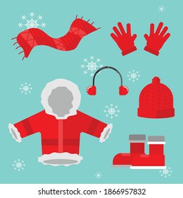 Winter Outfit Pack. Jackets, Scarves, Hats, Gloves, Boots, Earmuffs. Red. Flat Style Vector