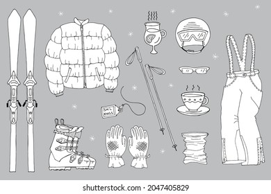 Winter outfit for skiing in mountains. Vector illustration. 