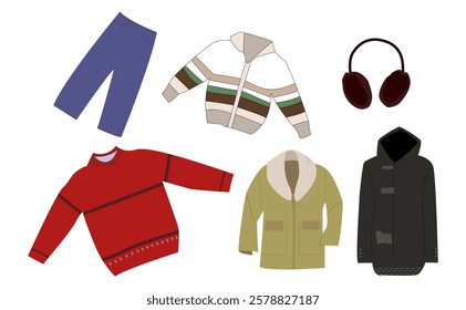 Winter Outfits Set a collection of warm and cozy winter clothing illustrations that are stylish and versatile, ideal for fashion, seasonal promotions, editorial content and branding.