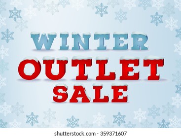 Winter outlet sale inscription design template in 3d style on blue background with snowflakes. Winter outlet, clearance, seasonal total sale concept. Snow cap text effect. EPS 10 vector illustration