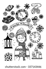 winter outline doodle set , doodle people vector illustration