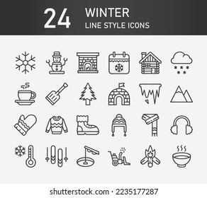Winter outline icon collection, contains such icons as winter activity, snowflake, weather and winter clothing. Winter silhouette icons collection, Simple web icons set. Editable stroke Icons.