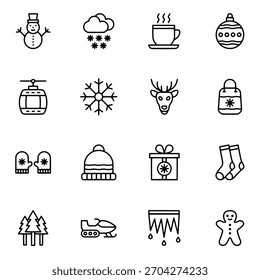 Winter Outline Icon Set Collection  Snowflake Hat Gloves Cold Season Symbols