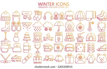 Winter outline icons set. Jackets, sweater, hot drink, winter sport, snow, Christmas, gloves and more. use for modern UI or UX kit, digital banner and app. vector EPS 10 ready convert to SVG.