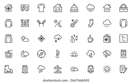 Conjunto de iconos de contorno de invierno. Paquete de iconos de estilo lineal delgado. Ilustración vectorial. Paquete de iconos de contorno delgado. Ilustración vectorial. trazo editable