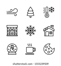 Winter Outline Vector Icon Set 3, Wind, Pine, Temperature, Fireplace, Snow, House, Snow Globe, Coffee Cup and Cookie
