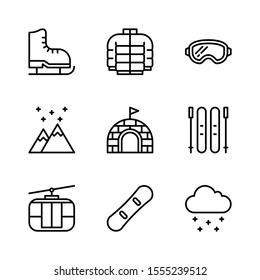 Winter Outline Vector Icon Set 2, Ice Skating, Jacket, Ski Goggles, Mountain, Igloo, Ski, Cable Car, Snowboard and Snow Fall