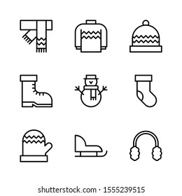 Winter Outline Vector Icon Set 1, Scarf, Sweater, Beanie, Boot, Snowman, Sock, Glove, Sled and Earmuff