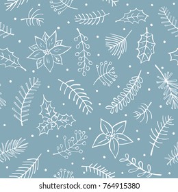winter outlined hand drawn branches twigs flowers foliage seamless pattern
