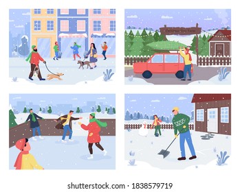 Winter outside activity flat color vector illustration set. Buying christmas tree. Ice skating. Walking with dog. Xmas 2D cartoon characters with snowy weather on background collection