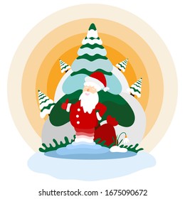 Winter is over. Santa Claus is melting. Spring came. Merry christmas and happy new year postcard. Santa Claus goes on vacation. Vector illustrations of nature, landscape and trees. Flat cartoon.