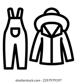 Winter overalls line icon, Winter clothes concept, Skiing equipment sign on white background, winter jacket and pants for skiing icon in outline style for mobile and web. Vector graphics