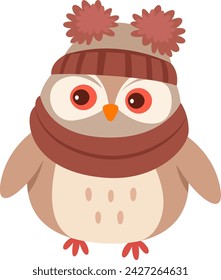 Búho de invierno con sombrero y bufanda ilustración vectorial