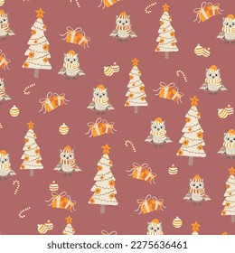 Winter owls seamless vector pattern illustration