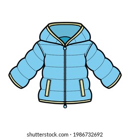 Winter padded blue jacket with hood for boy color variation for coloring on a white background