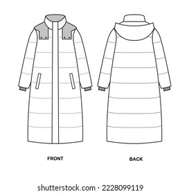 Winter padded long jacket with hood technical drawing. Jacket template for design, vector.