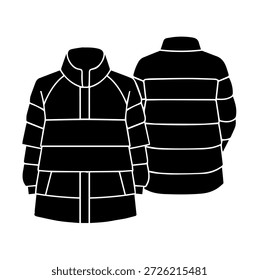 Winter padded puffer jacket with horizontal quilting and stand collar heavy outdoor outerwear fashion technical sketch silhouette vector illustration
