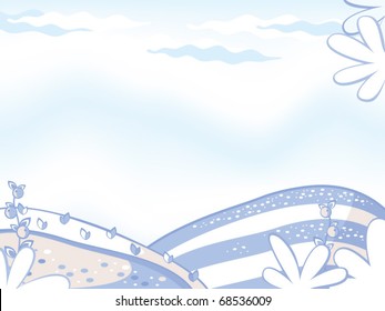 Winter pale blue background. Landscape of the field, the plants in the snow. Comic style.