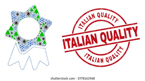 Winter pandemic collage award badge, and dirty Italian Quality red round stamp. Collage award badge is formed with Covid-2019 virus, fir tree, and frost symbols.