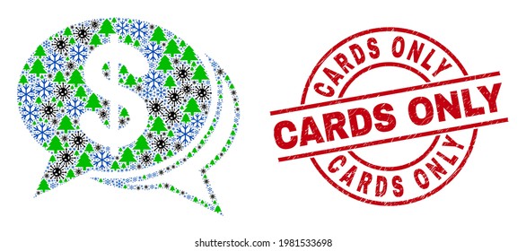 Winter pandemic collage financial chat messages, and unclean Cards Only red round seal. Collage financial chat messages is organized with SARS virus, fir-tree, and snow icons.