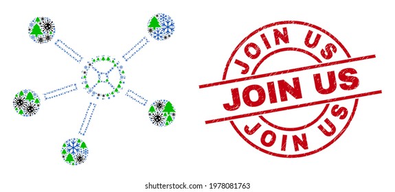 Winter pandemic collage gear links, and Join Us red round stamp seal. Mosaic gear links is created with Covid, fir tree, and snow symbols. Red Join Us stamp seal uses circles and lines.