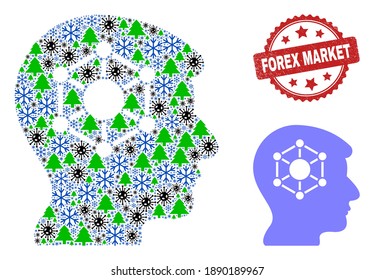 Winter pandemic collage human brain, and grunge Forex Market red rosette stamp seal. Collage human brain is organized from covid, green tree, and snowflake items.
