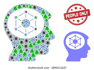 Winter pandemic collage human memory, and People Only red rosette stamp print. Collage human memory is designed from coronavirus, forest, and frost symbols.