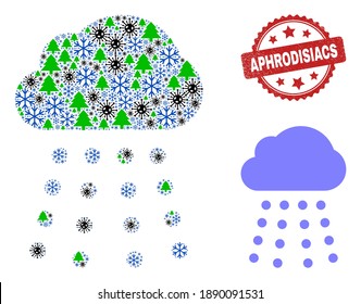 Winter pandemic collage rain cloud, and distress Aphrodisiacs red rosette stamp print. Collage rain cloud is made with viral, green tree, and snow flake items.