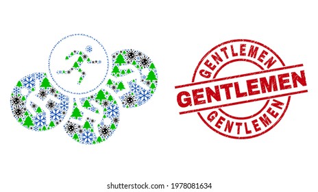 Winter pandemic collage running persons, and textured Gentlemen red round seal. Collage running persons is done from Covid, forest, and snow flake symbols. Red Gentlemen stamp uses circles and lines.