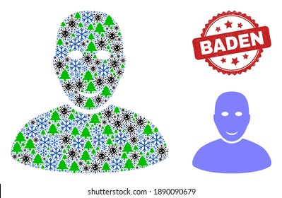 Winter pandemic collage user, and dirty Baden red rosette stamp print. Collage user is organized of flu virus, fir-tree, and snowflake symbols. Red Baden stamp uses rosette form.