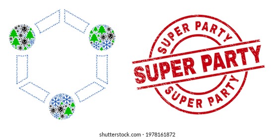 Winter pandemic combination cooperation, and distress Super Party red round stamp print. Collage cooperation is composed with Covid, fir tree, and frost icons.