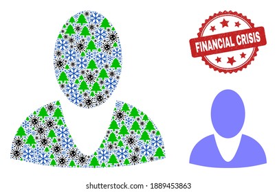 Winter pandemic combination guy profile, and scratched Financial Crisis red rosette stamp. Collage guy profile is composed from Covid-2019, forest, and snow icons.