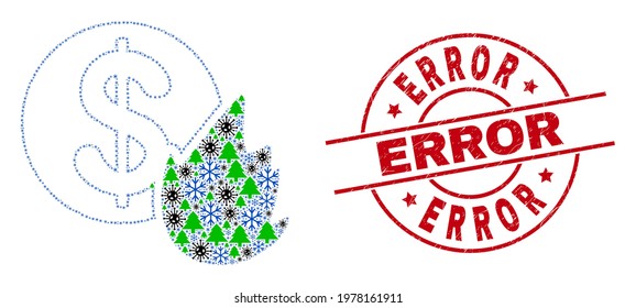 Winter pandemic composition fired money, and distress Error red round stamp imitation. Collage fired money is designed from Covid-2019, fir-tree, and ice crystal symbols.