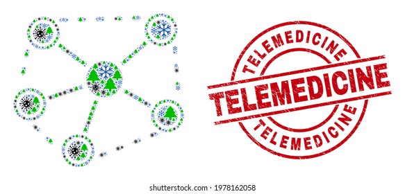 Winter pandemic composition links, and distress Telemedicine red round stamp seal. Collage links is designed with infection, forest, and snow symbols.