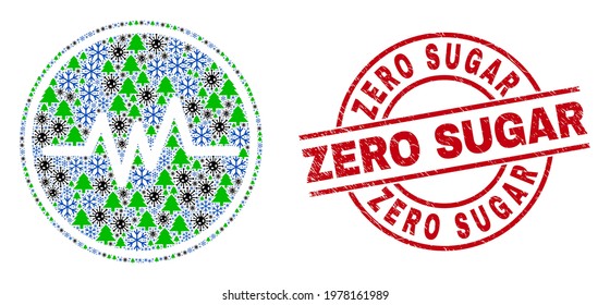 Winter pandemic composition pulse signal, and grunge Zero Sugar red round stamp imitation. Collage pulse signal is composed of flu infection, forest, and frost icons.