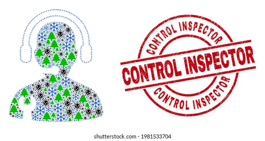 Operador de servicio de composición de la pandemia de invierno y sello rojo del inspector de control de los grunges. El operador de servicio de collage está compuesto por virus Covid-2019, bosque y elementos de heladas.