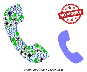 Winter pandemic mosaic phone receiver, and unclean No Money red rosette stamp seal. Mosaic phone receiver is composed from Covid, green tree, and snow flake icons.