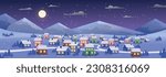 Winter panorama with houses. Beautiful natural landscapesmall town or village under snow. Buildings near hills and trees. Christmas and New Year. Cartoon flat vector illustration