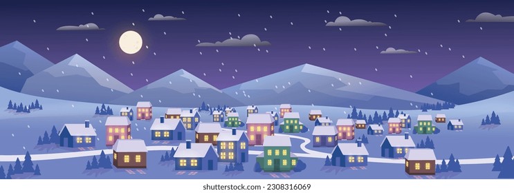 Winter panorama with houses. Beautiful natural landscapesmall town or village under snow. Buildings near hills and trees. Christmas and New Year. Cartoon flat vector illustration