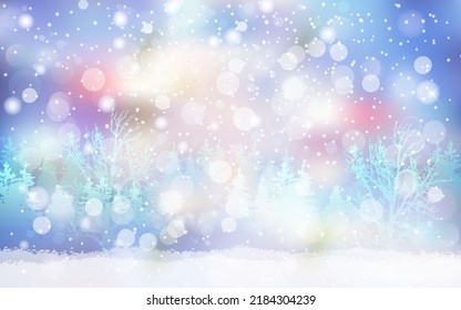 winter panorama landscape with forest, trees covered snow, and sunrise. the winterly morning of a new day. Colorful winter landscape, panoramic view.