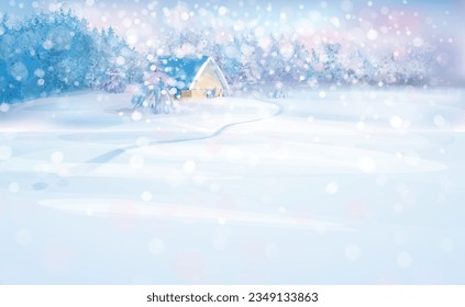 Winter panorama landscape with forest, trees covered snow, and sunrise. the winterly morning of a new day.