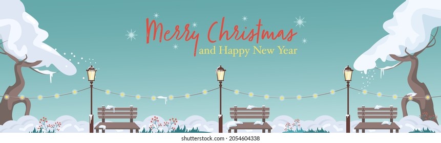 Winter panorama of the park with trees, benches, lanterns, city silhouette. Horizontal design element for card, header, invitation. Vector illustration.