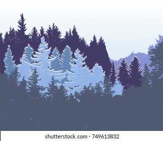 Winterpanoramalage mit Silhouetten von schneebedeckten Nadelbäumen. Blaue, weiße und grüne wilde Landschaft mit Fichten