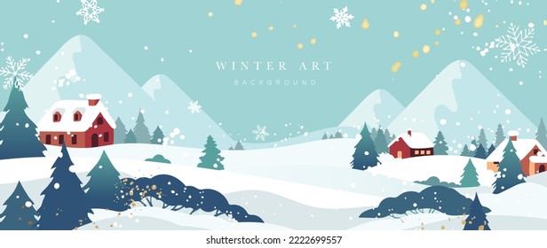 Winter panoramic landscape background illustration. Snowy countryside village houses, pine trees, snowflake, gold snow with mountain scenery. Design for banner, poster, wallpaper, decoration, card.