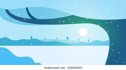 Winter panoramic landscape background with snow, trees and hills in flat colorful style. Cartoon vector horizontal illustration. Seasonal concept for design banner, card.