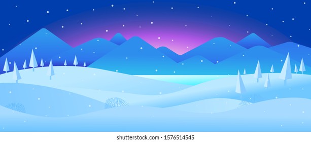 Winter Panoramic Landscape background, snow season scene with Christmas pines, snow-capped mountains hills peaks on the background, light-blue lake and starry blue sky. New year and Christmas concept