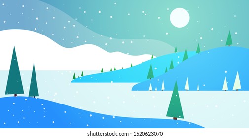 Winter panoramic landscape background with trees, hills and river in flat colorful style. Cartoon vector horizontal illustration. Seasonal concept for design banner, card.